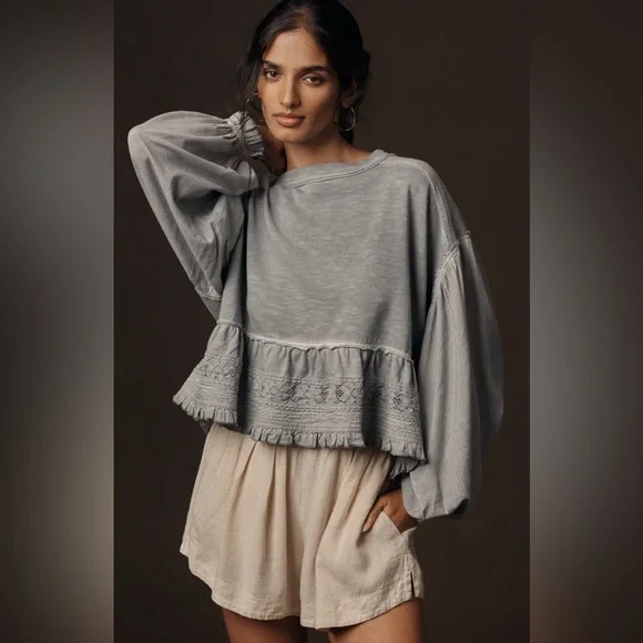 Anthropologie Pilcro Long-Sleeve Crop Babydoll Top - Picture 1 of 10